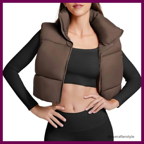 Cropped Puffer Vest Quilted Sleeveless Zip Chic Minimal Fall Winter Outerwear - Picture 3 of 8